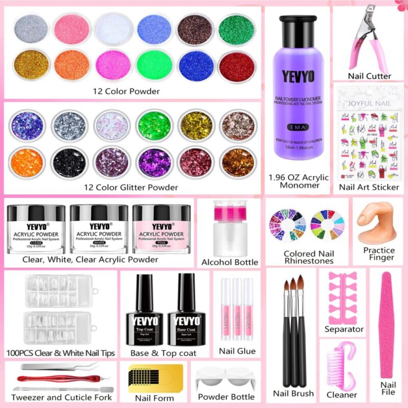 Pro Acrylic Nail Kit – 24 Glitter Powders, Monomer, Brushes & 200 Tips for Beginners - Image 4