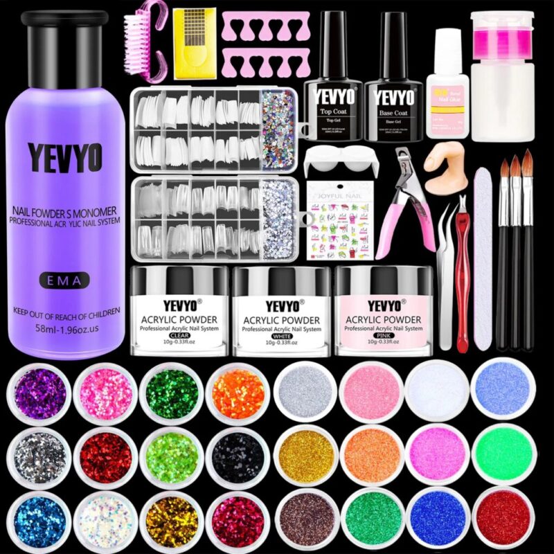 Pro Acrylic Nail Kit – 24 Glitter Powders, Monomer, Brushes & 200 Tips for Beginners