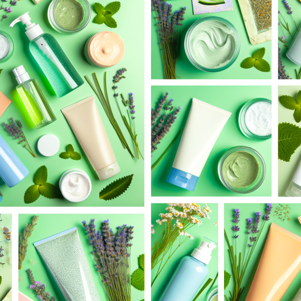 A collage of eco-friendly skincare products.