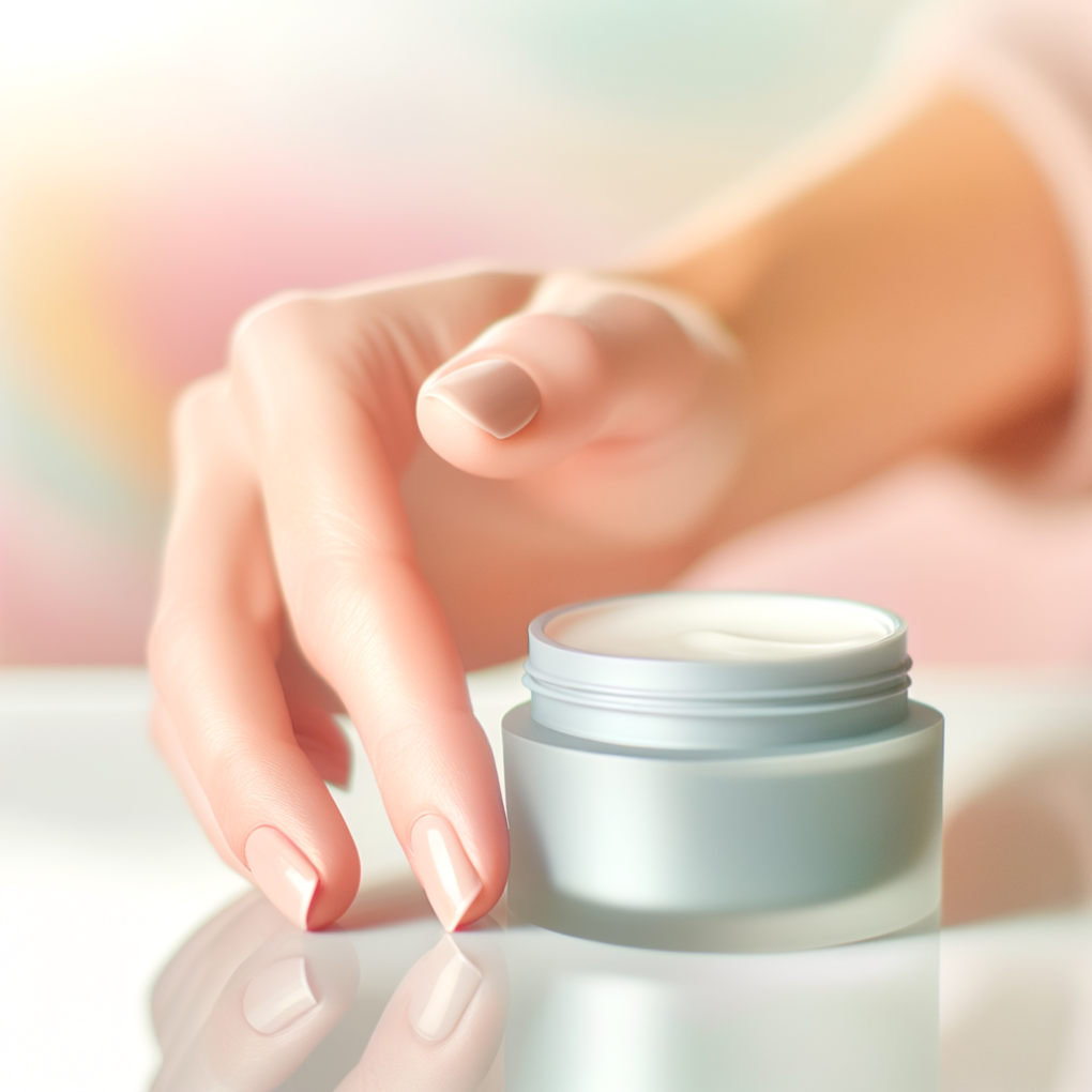 A gentle hand holding calming skincare.