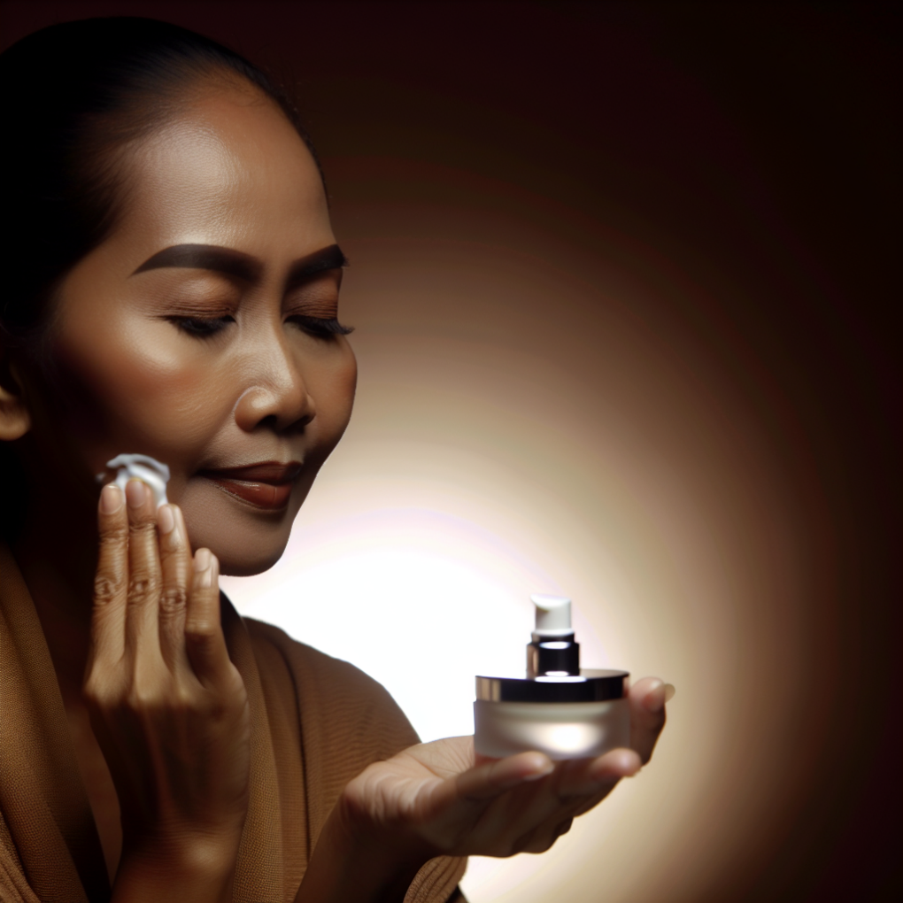 A serene woman applying skincare products.