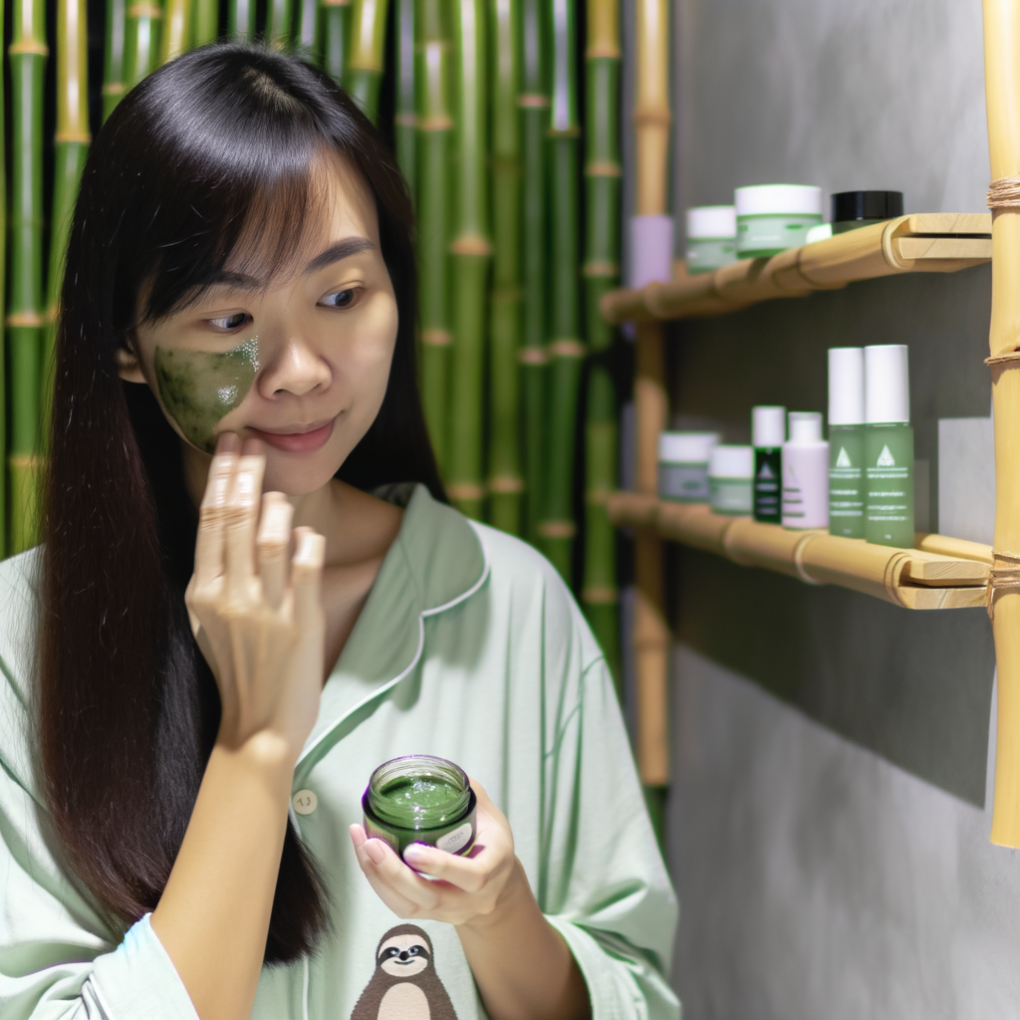A woman applying eco-friendly skincare products.