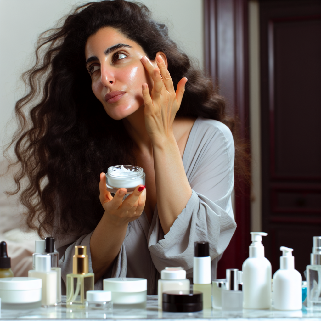 A woman applying various skincare products.