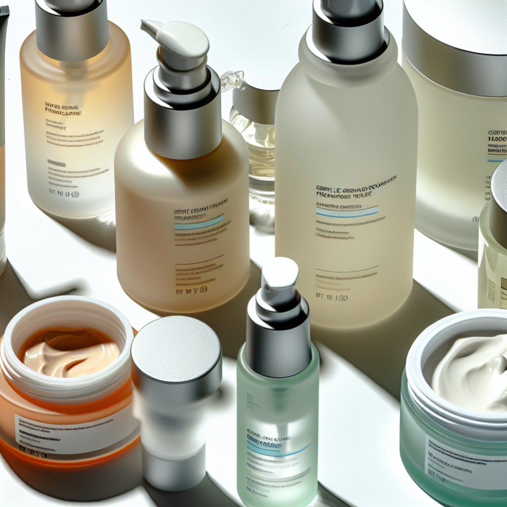 Close-up of gentle skincare routine products.