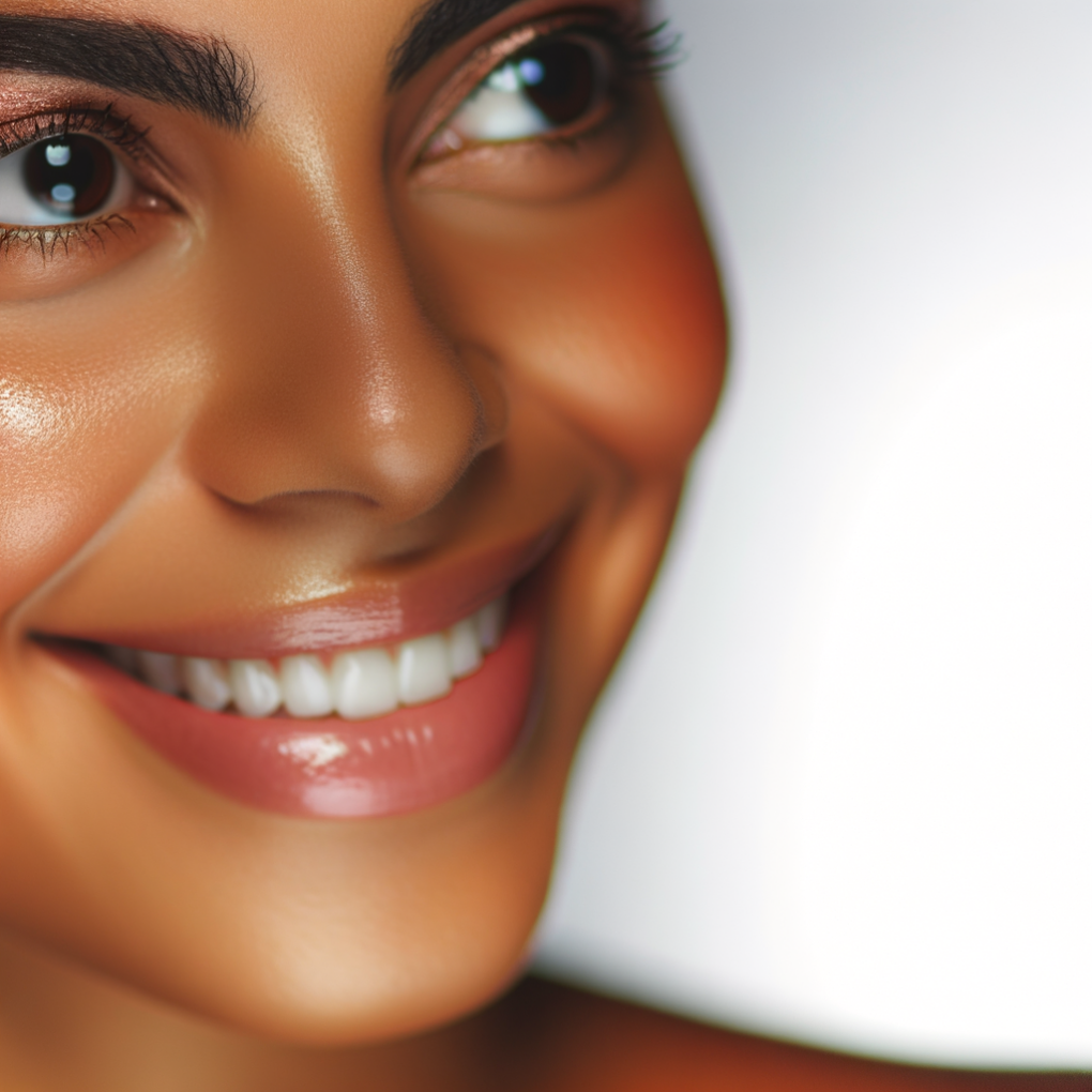 Close-up of glowing, confident woman's face.