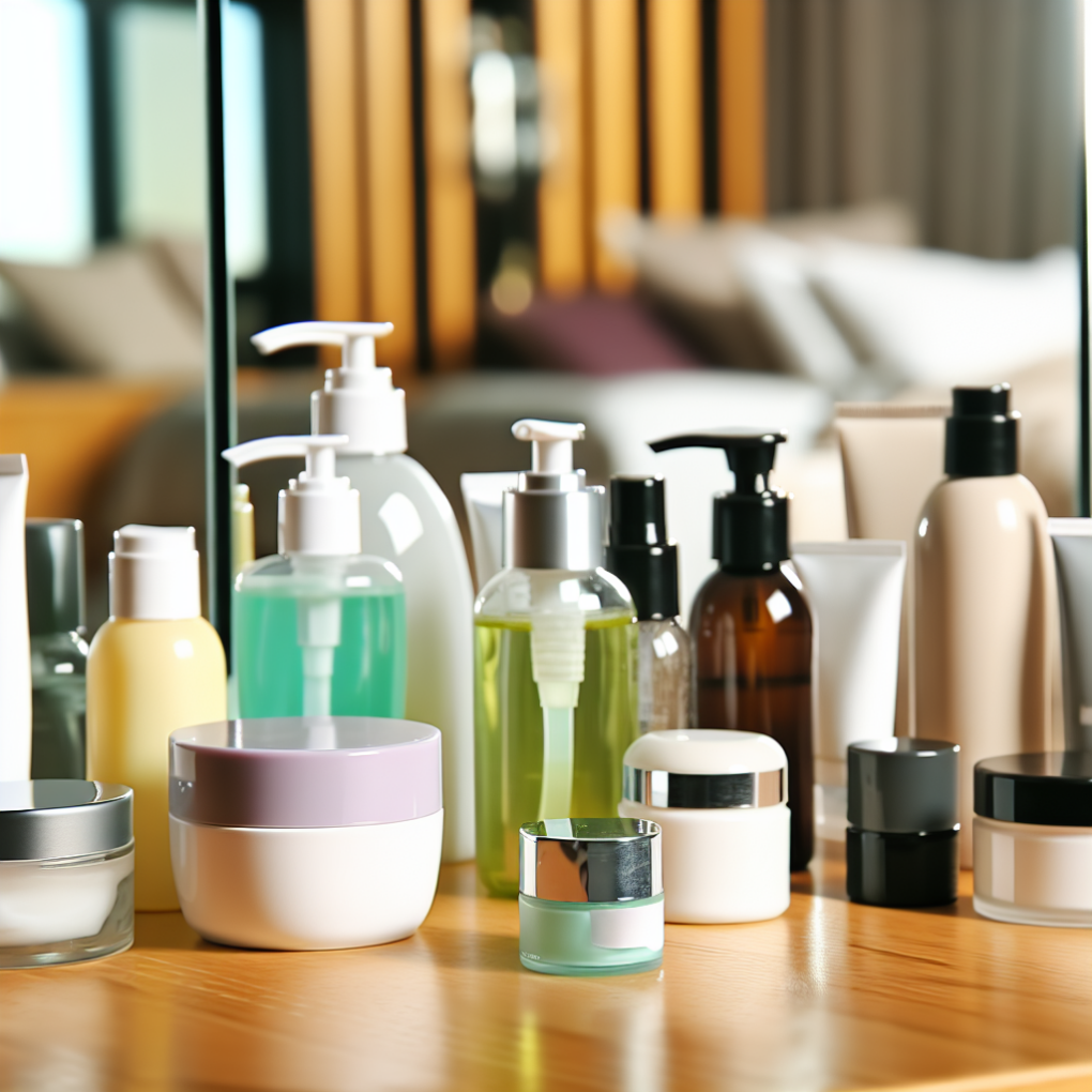 Close-up of skincare products on table.