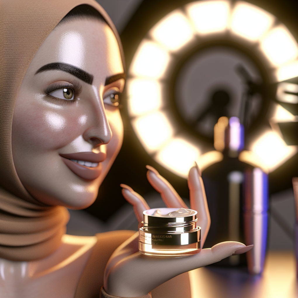 Radiant woman applying skincare products gracefully.