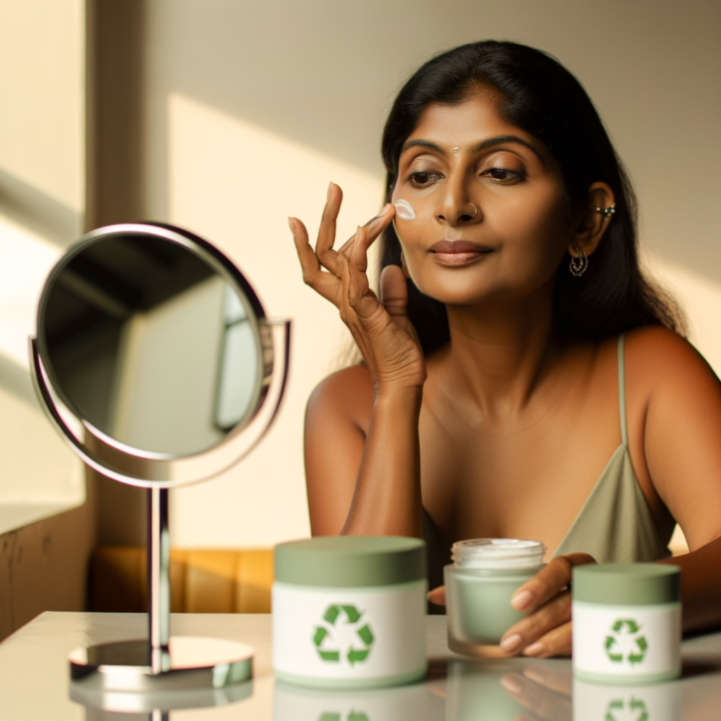 Woman applying eco-friendly skincare routine products.
