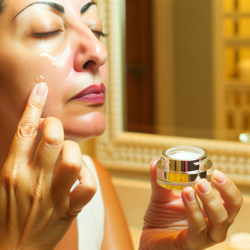 Woman applying hydrating serum on face.
