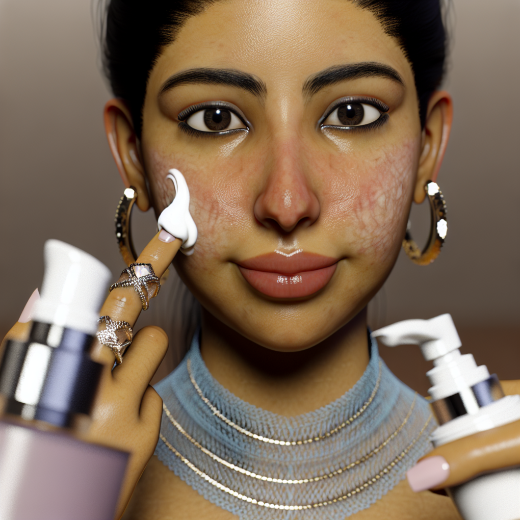 Youthful woman applying luxurious skincare products.